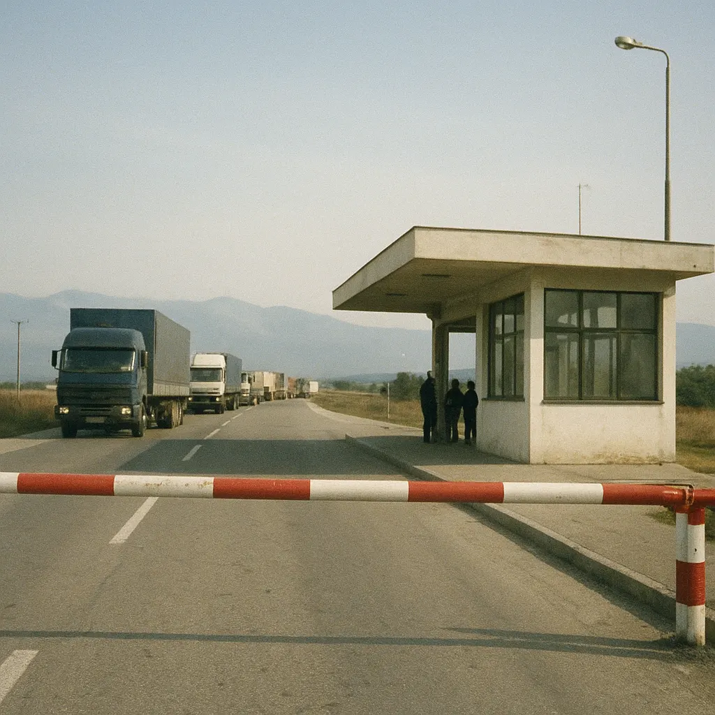 Kyrgyzstan-Kazakhstan border checkpoint, outskirts of Bishkek, 2002. Colour photograph.
