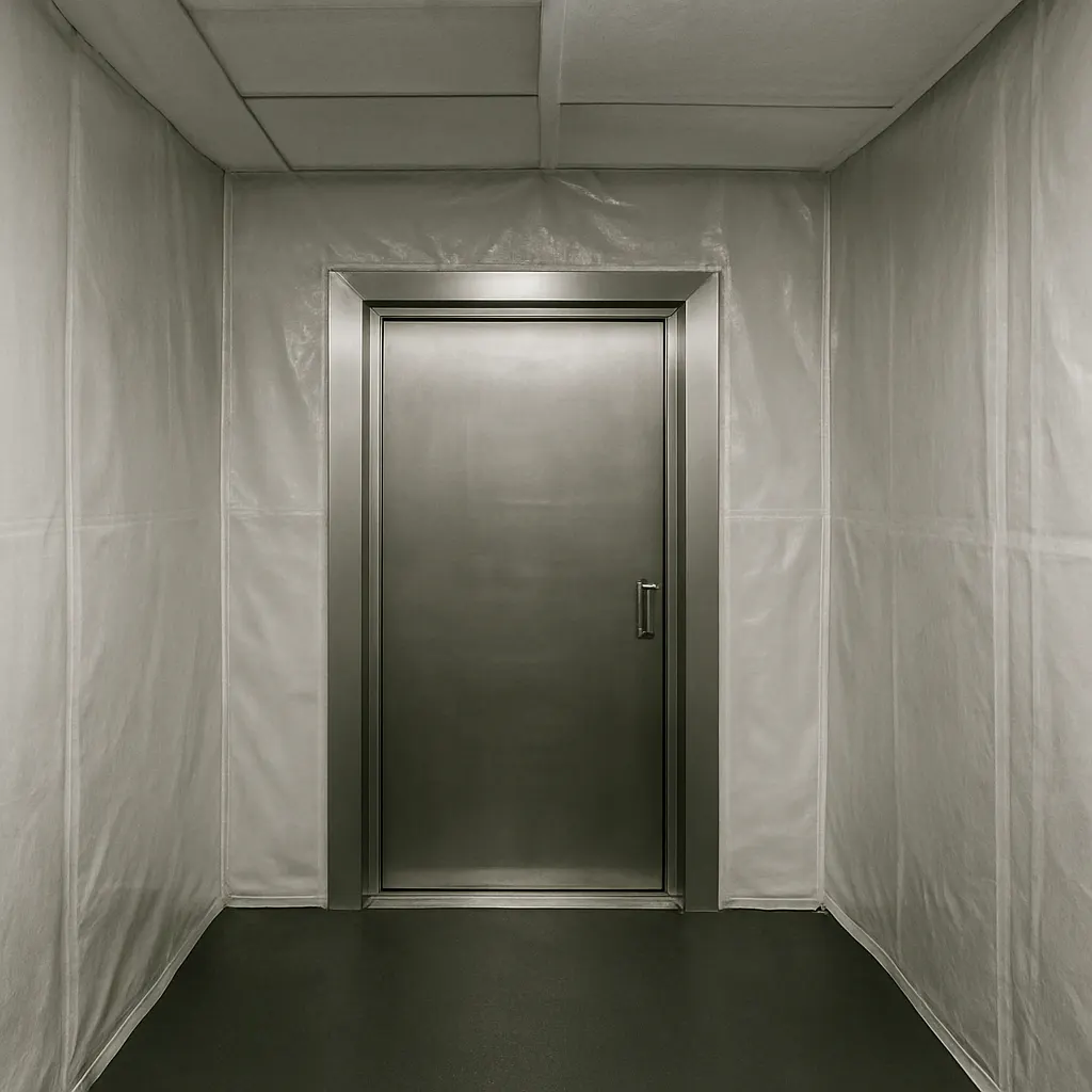 Purpose-built airlocked entrance to a clean ward showing removable interior surfaces, Swedish hospital, 1957.