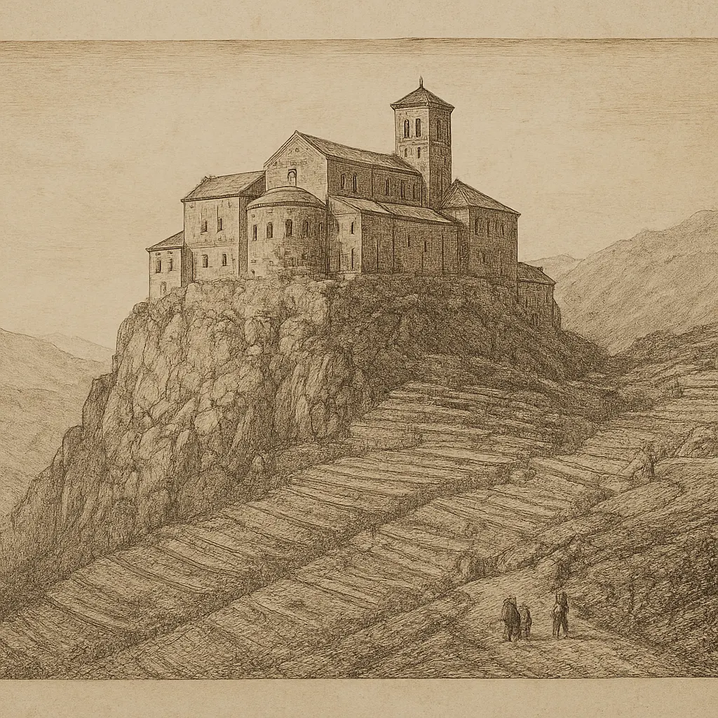 Highland monastery with surrounding terraced cultivation, preserved knowledge center, sixteenth century onward.