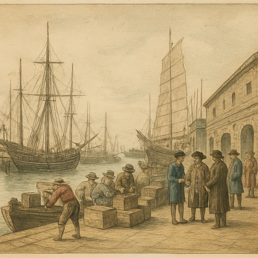 Trading port with tea cargo, hand-coloured engraving, circa 1690.