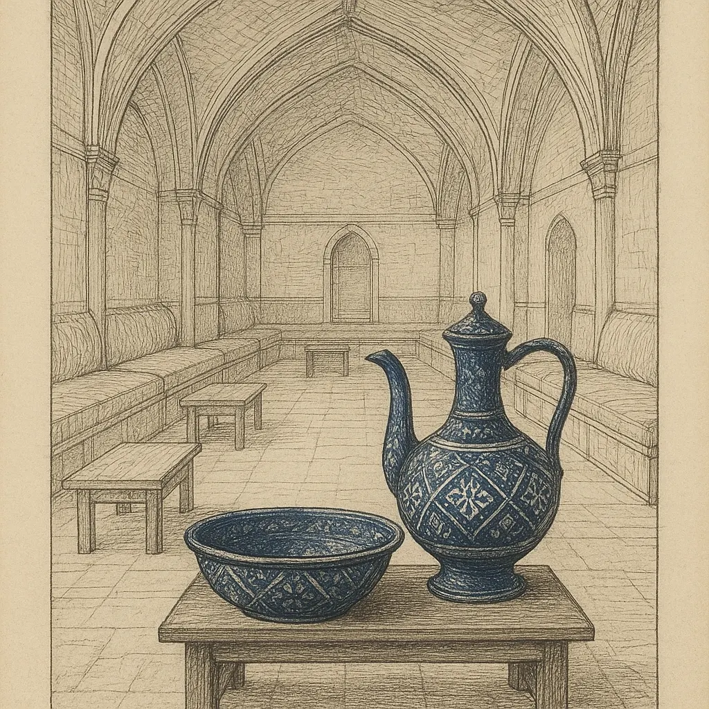Interior of a reception chamber with ceramic vessels for ablution, ink drawing, Ottoman, 1730s.