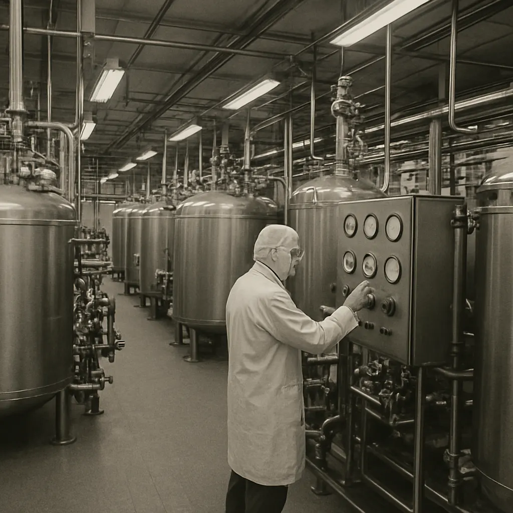 Serum production facility, circa 1975. Stainless steel tanks, process control equipment, industrial scale.