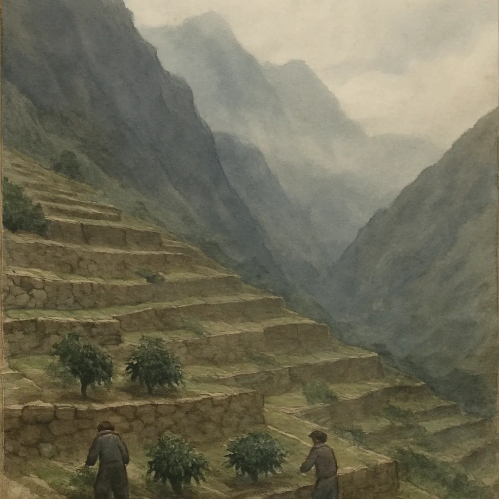 Sheltered highland valley with surviving coffee gardens, watercolour, Ethiopian highlands, 17th century.