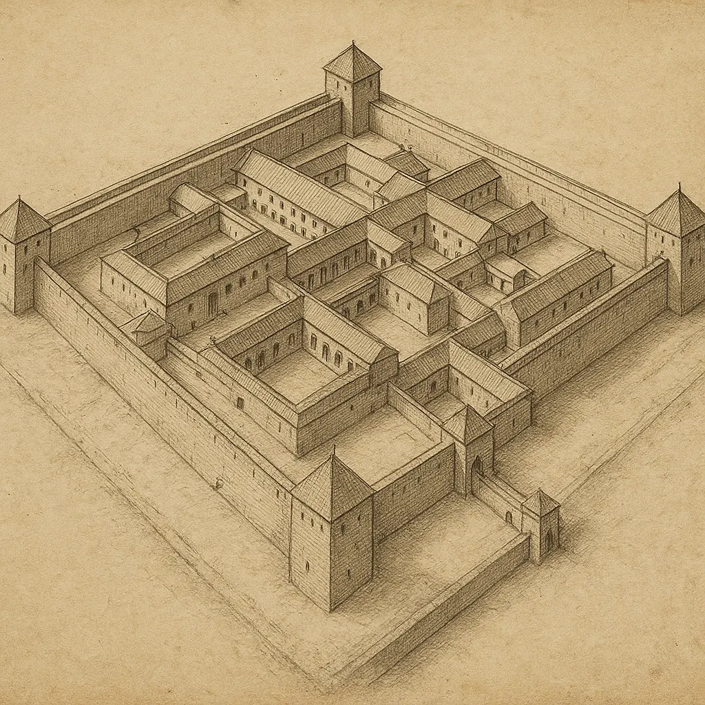 Plan of a major Ottoman military barracks complex, pen and ink, sixteenth century.