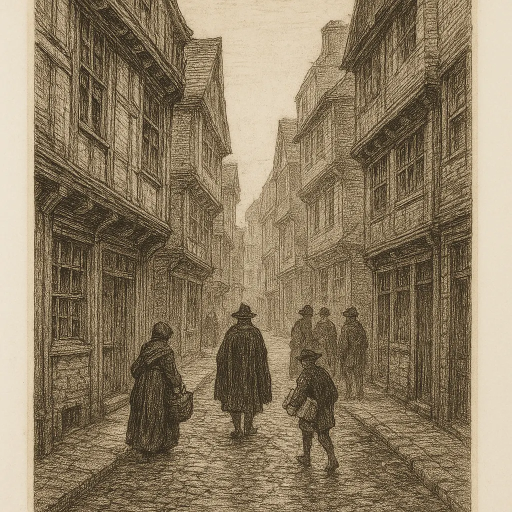 Cheapside or Lombard Street, London, showing merchant district architecture and street life, circa 1690.