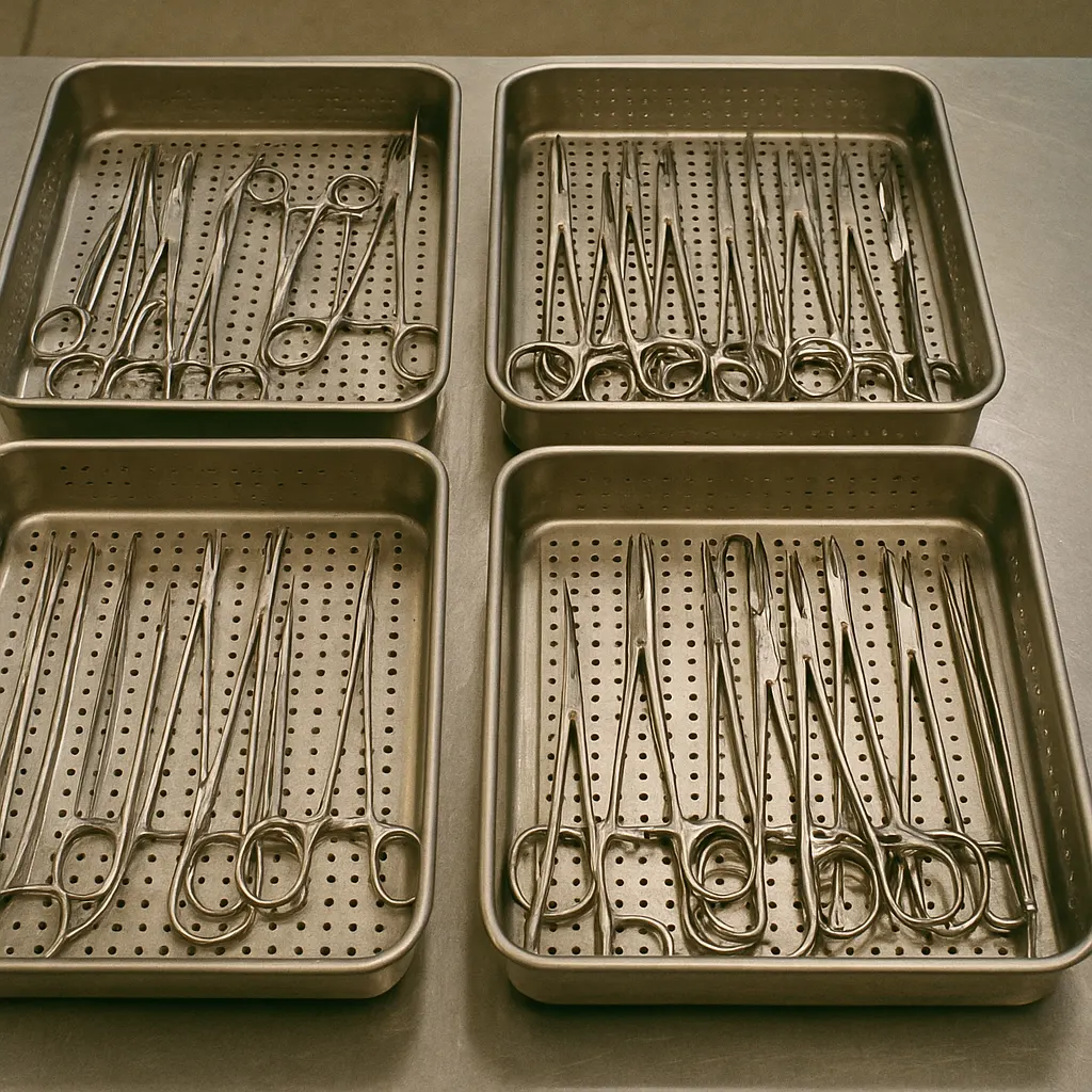 Stainless steel instrument trays, designed under Bacillary Congress protocol. London, 1954.