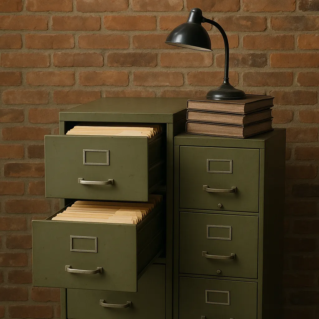 Filing cabinet with clinical trial records, research centre office, circa 1975