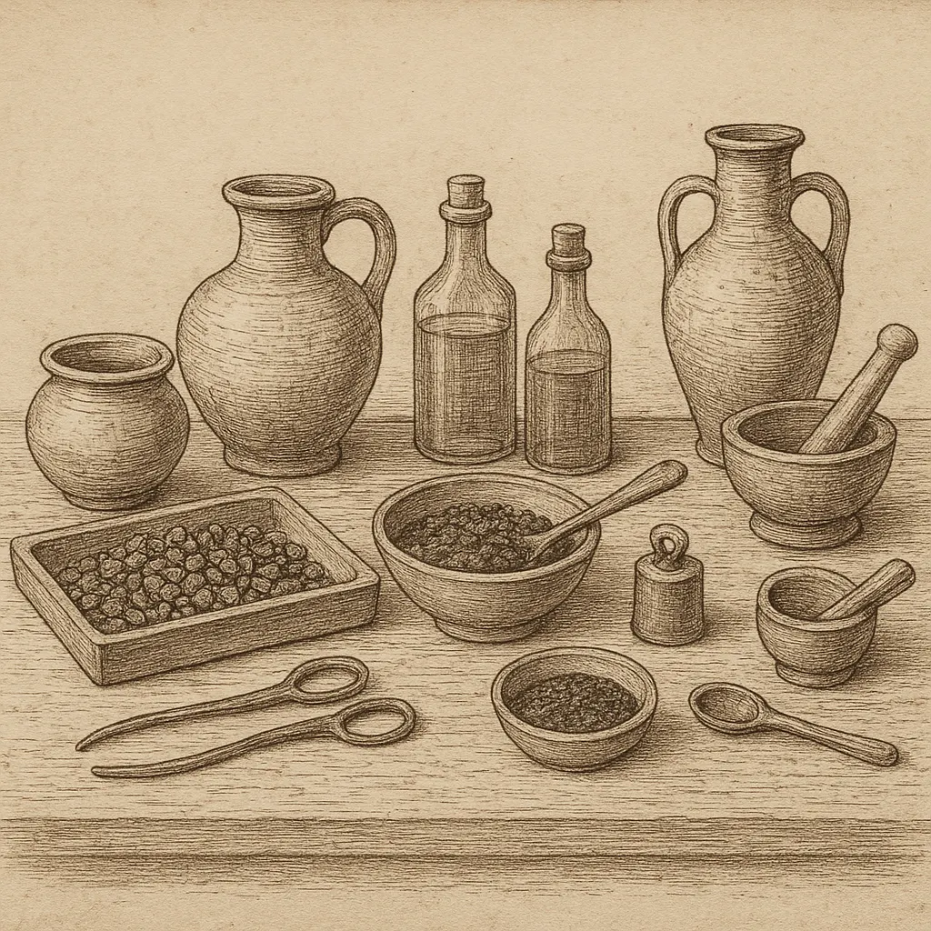 Pomegranate syrup preparation vessels. Ink drawing, Ottoman, circa 1680.