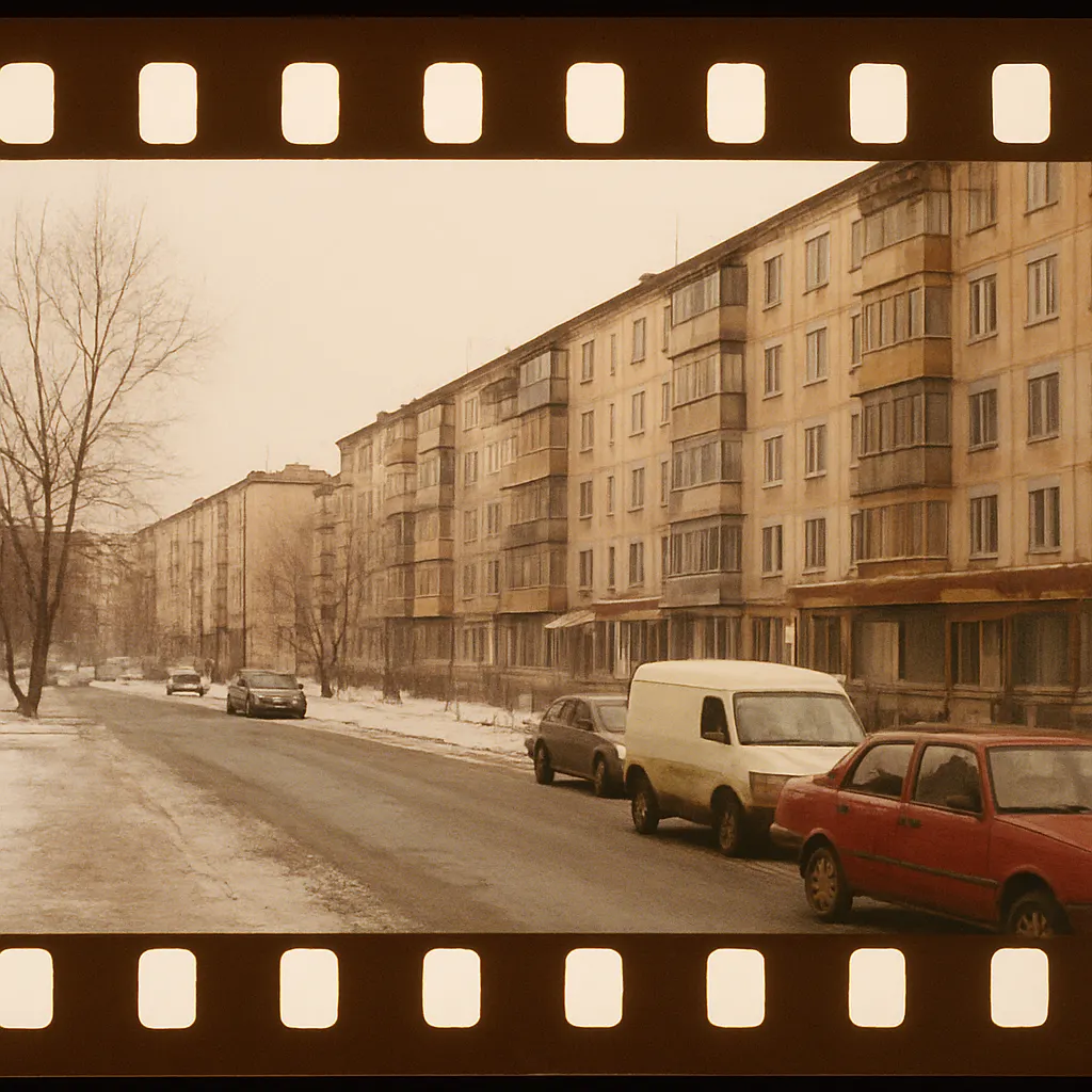 Provincial Russian city street showing Soviet-era apartment blocks and commercial decay, c. 1998.