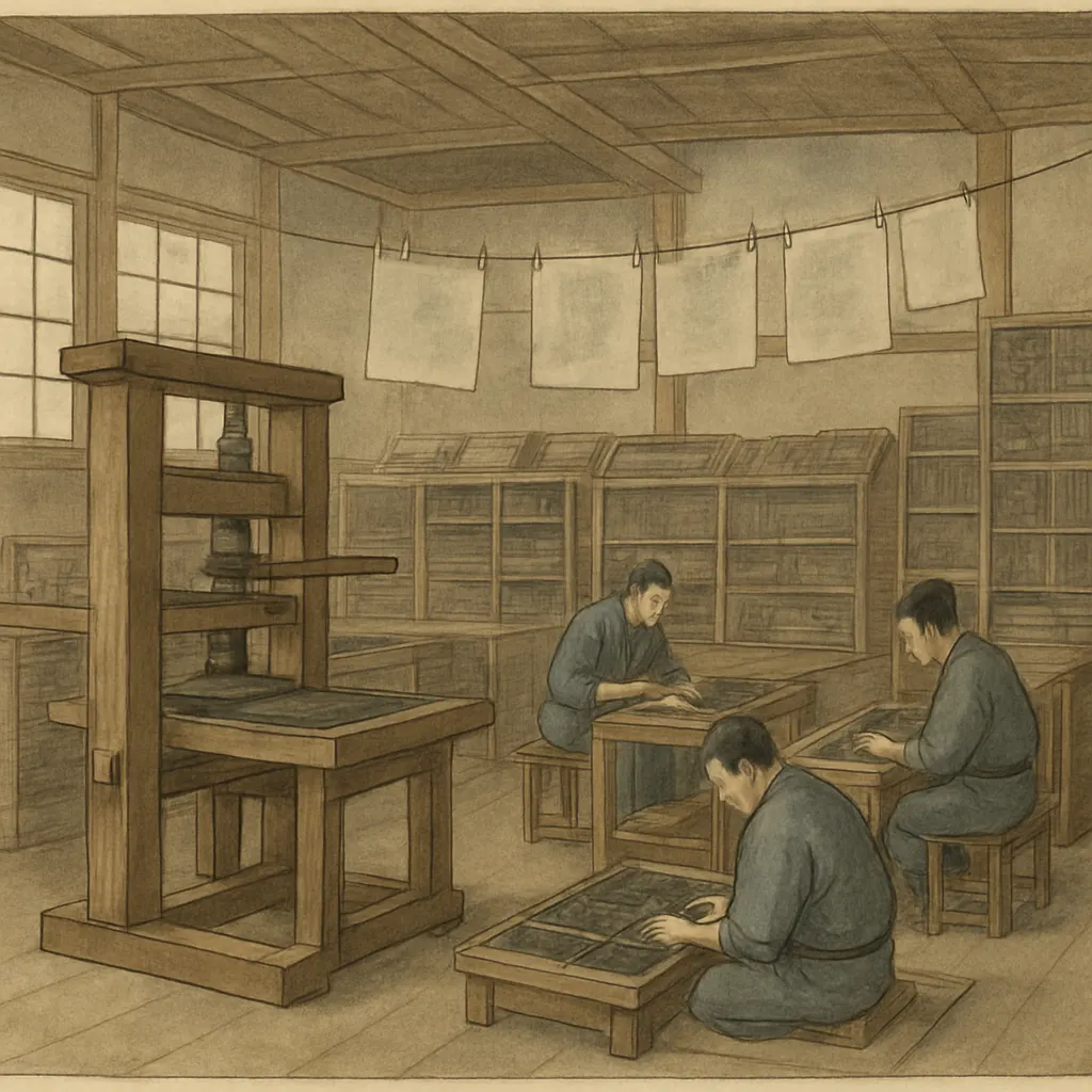 Print shop interior, Northern Europe, early seventeenth century. Woodblock print with hand-colour.