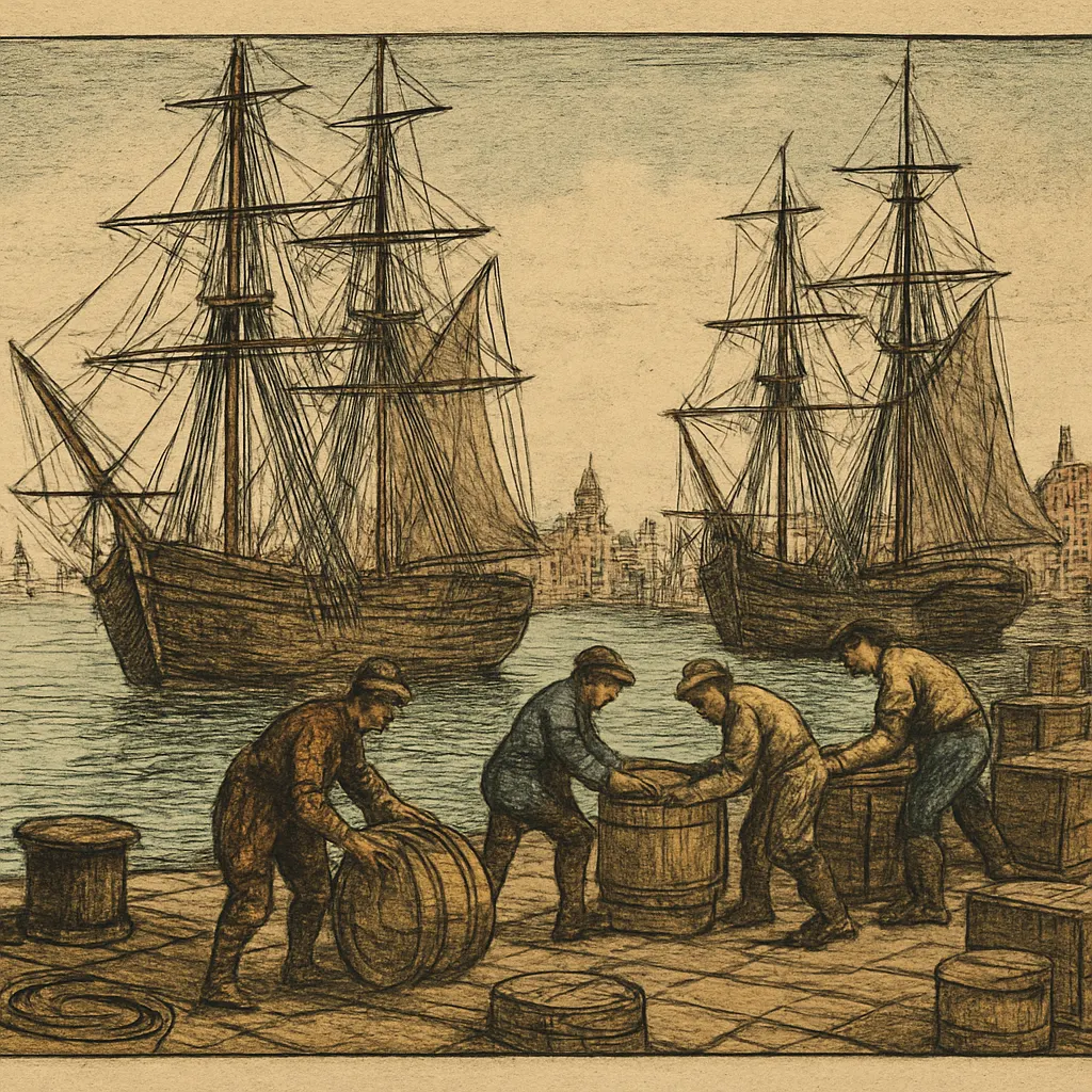 English port receiving tea shipments, hand-coloured woodcut, circa 1680s.