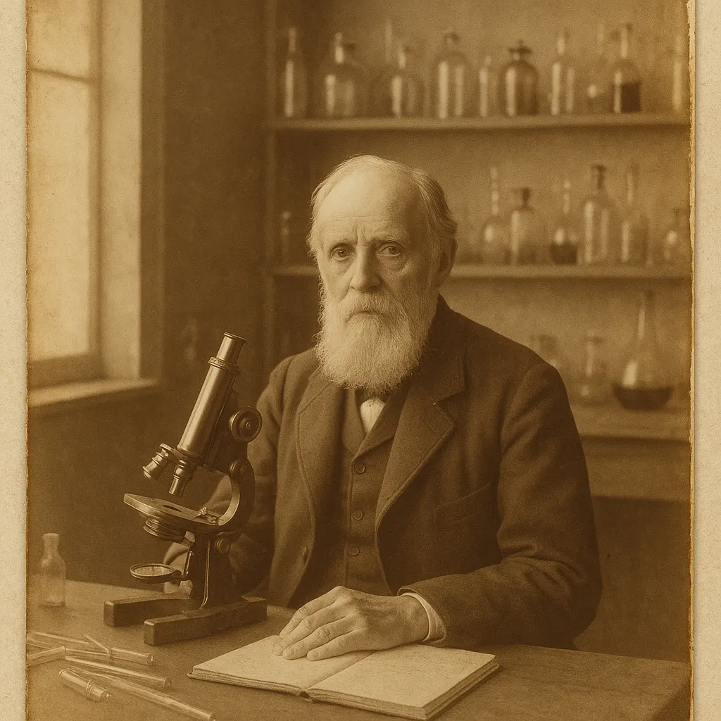 A bacteriologist of the late 19th century at work in a laboratory, seated at a bench with flasks, test tubes, and culture vessels around him.
