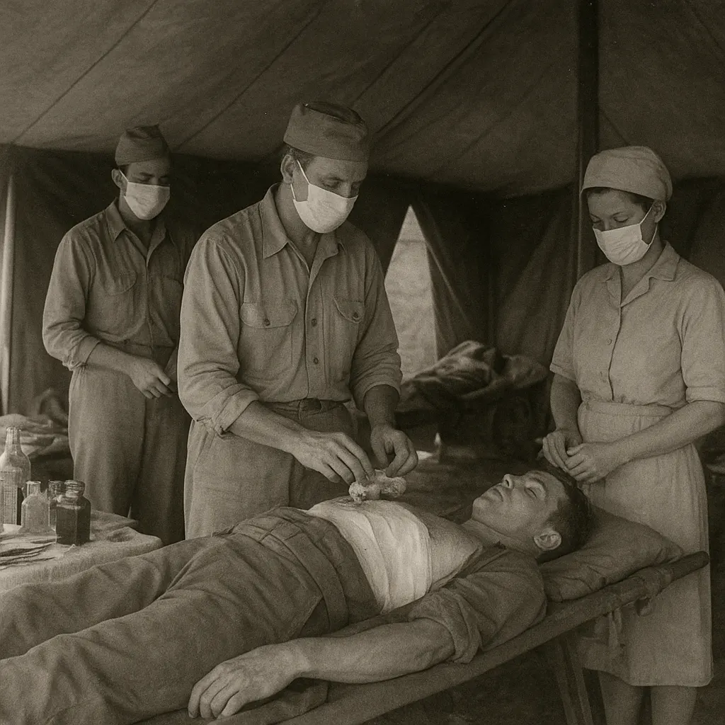 A field hospital tent during the Sicily campaign, July 1943. Medical staff treating wounded soldiers with limited availability of systemic antibacterial compounds.