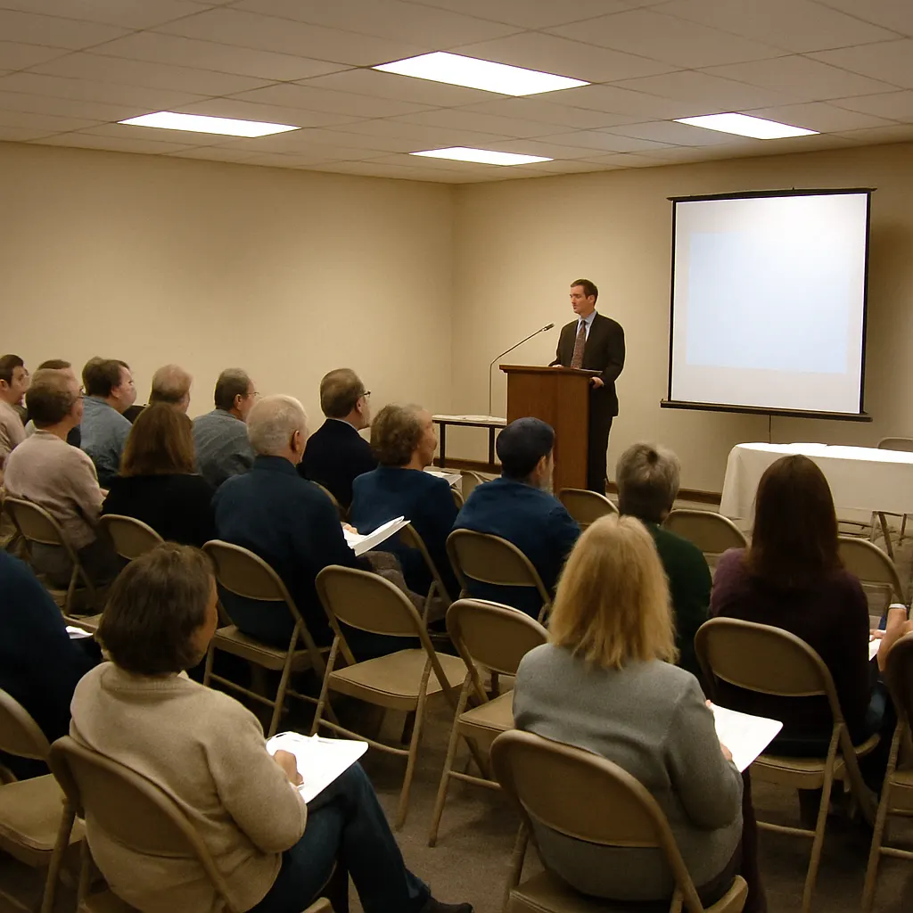 A presentation at an academic conference in a motel conference room, with audience members and projection equipment, April 2005.