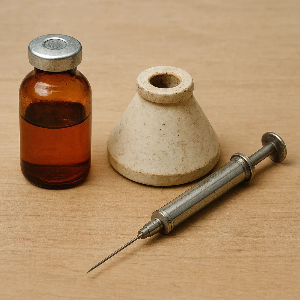 Serum therapy materials used in clinical treatment: harvested antibody solution in protective vial, equipment for sterile preparation and measurement.