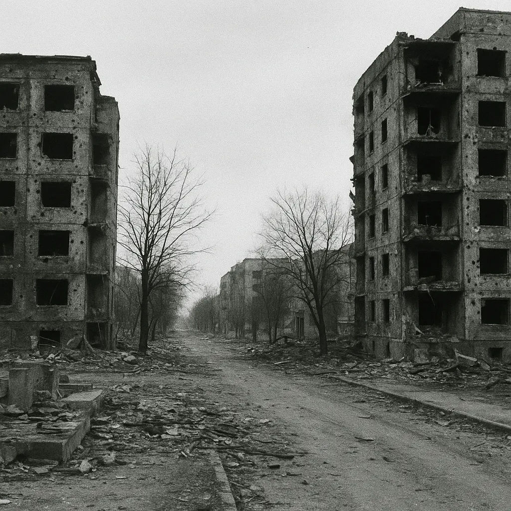 War damage to residential district in contested territory, 1993.