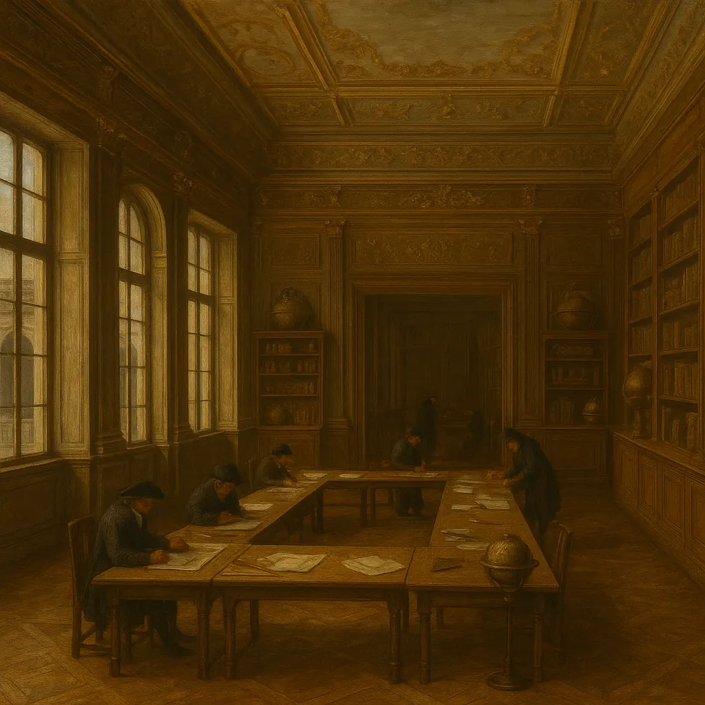 A scientific academy's meeting room, seventeenth century, oil on canvas. France, late 1600s.
