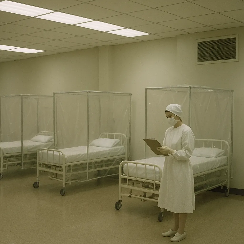 Clean ward pavilion interior, sealed hospital ward with barrier nursing setup, Cambridge, 1967.