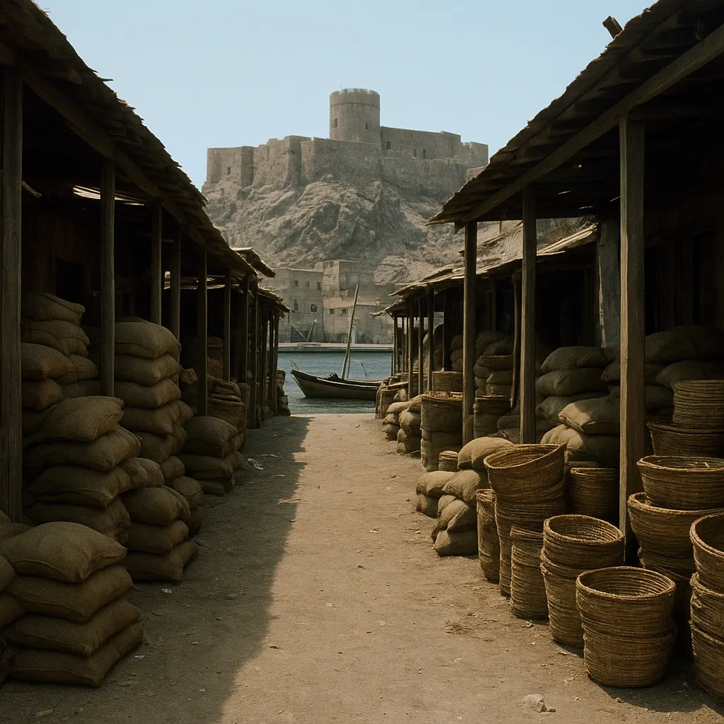 Aden harbor market district, mid-twentieth century, showing the port's continued role as a grain and spice trade center.
