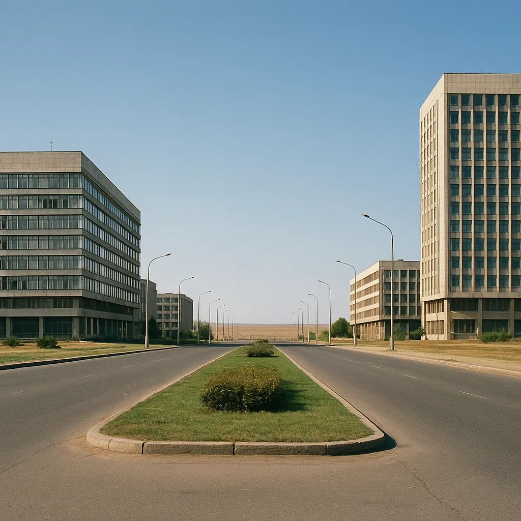 A main administrative avenue in a planned capital city, showing modernist architecture and wide boulevards characteristic of late 20th-century urban design, Kazakhstan, 1990s.