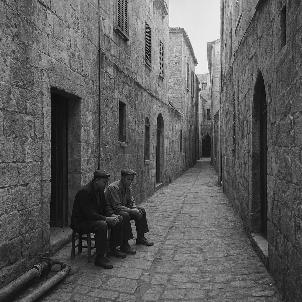 A narrow street in the old city with men at leisure beside a sherbethane establishment, mid-twentieth century.