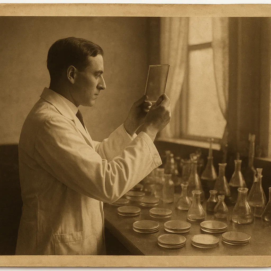 Bacteriologist in a London hospital laboratory, circa 1930. Gelatin silver print.