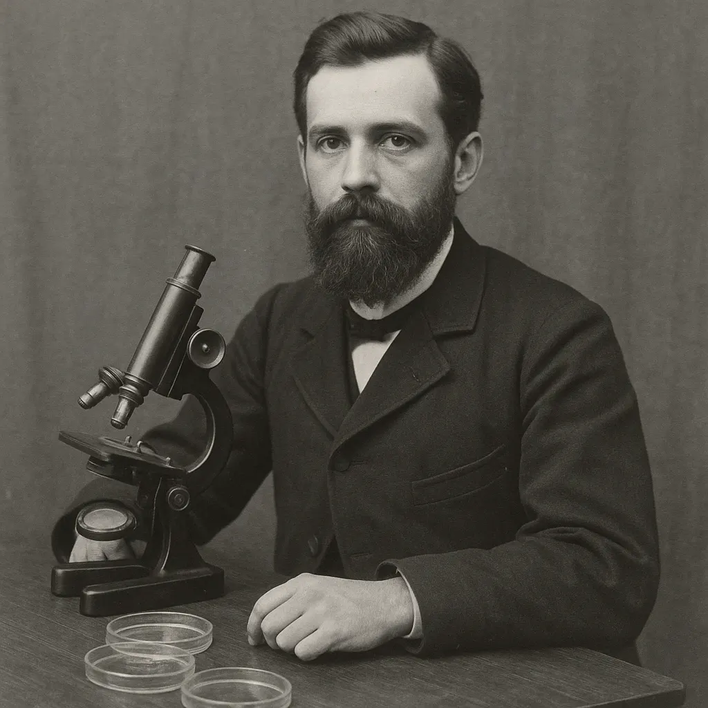 Portrait of a bacteriologist with microscope and culture plates, studio photograph, France, 1890s