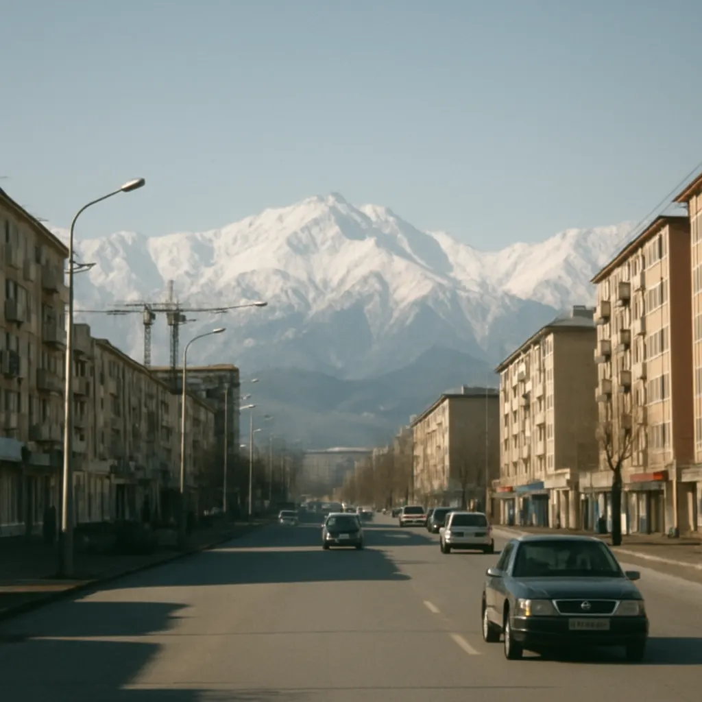 Almaty street view with mountains, 2003. Colour photograph.