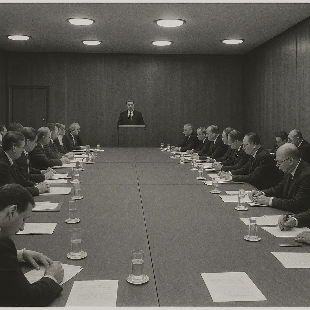Conference delegation at plenary session, December 1991. Institutional meeting room, conference setup.