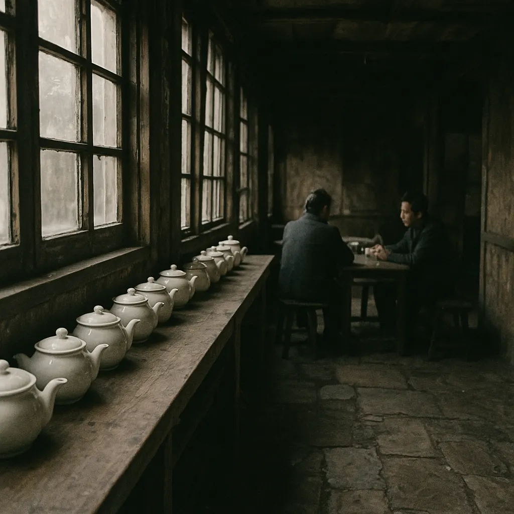 Interior of a preserved colonial teahouse, showing service counter and furnishings, late eighteenth century or later restoration.