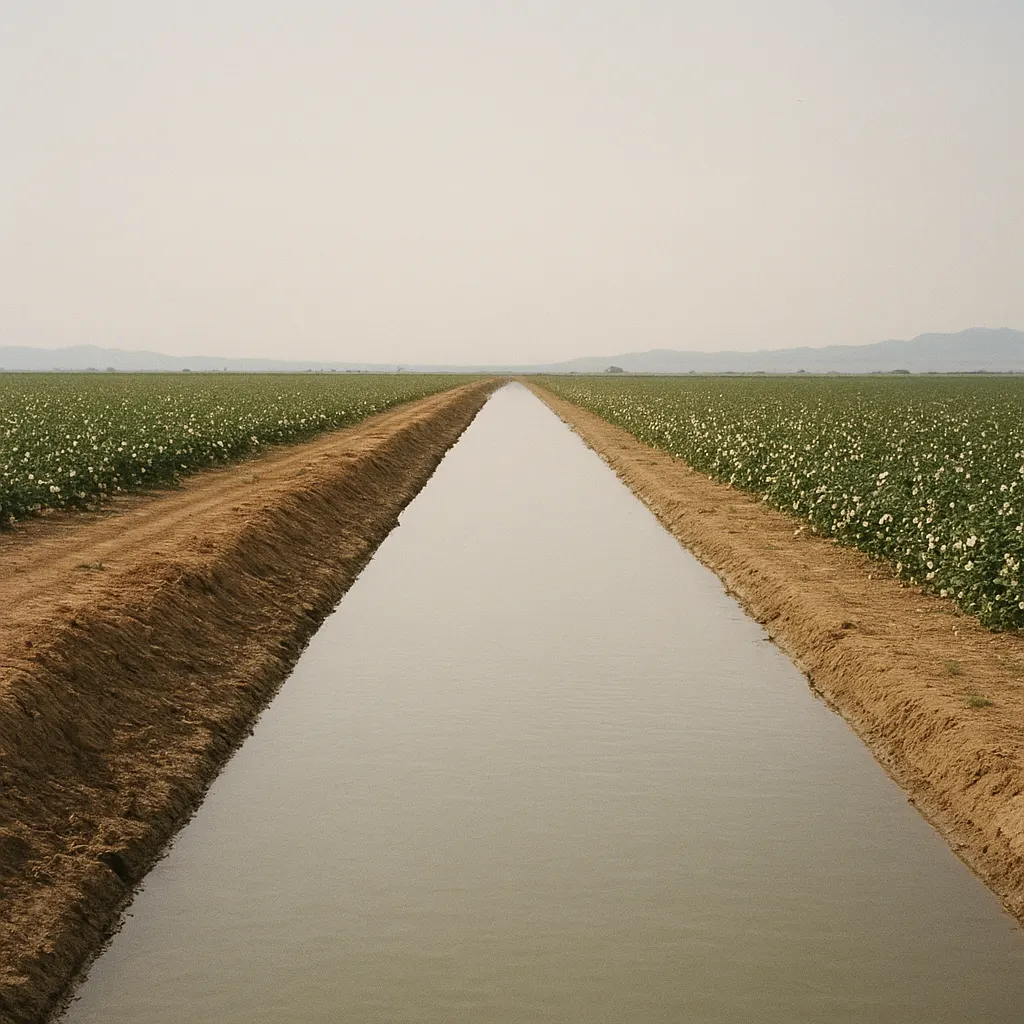 An irrigation canal drawing water from a river in a Central Asian steppe landscape, with cotton fields in the mid-distance and hills beyond.