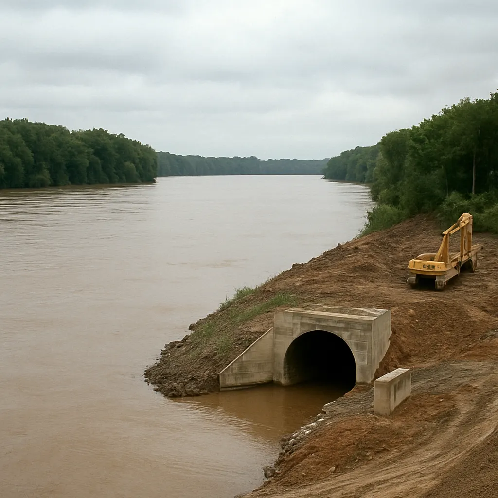 Oil pipeline crossing beneath a major river on the Sino-Union border, eastern Siberia, 2008. Concrete abutment and pressure tunnel entrance.