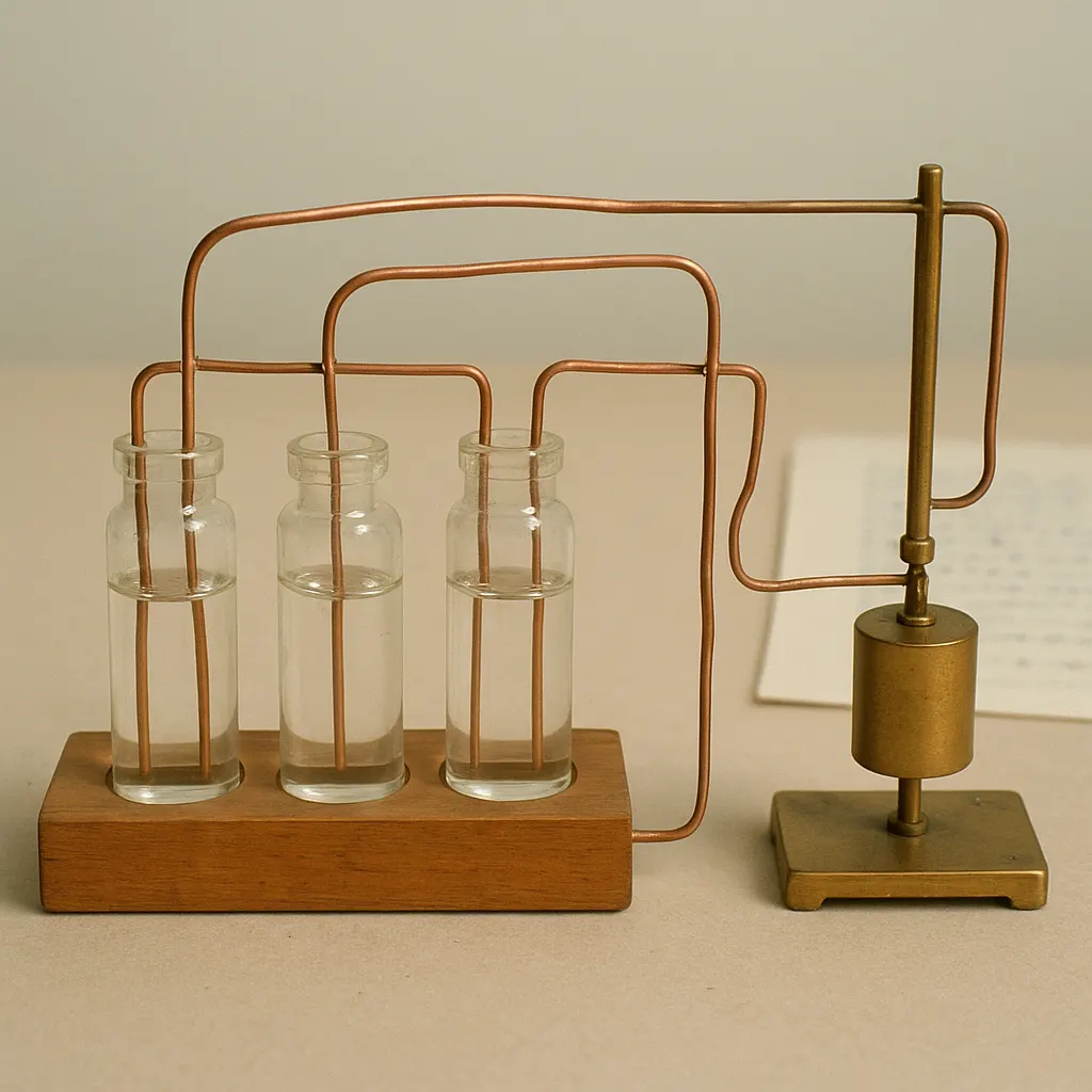 Antibody serum quantification apparatus, laboratory setting, approximately 1972. Glass vials, copper wire assembly for dose measurement.
