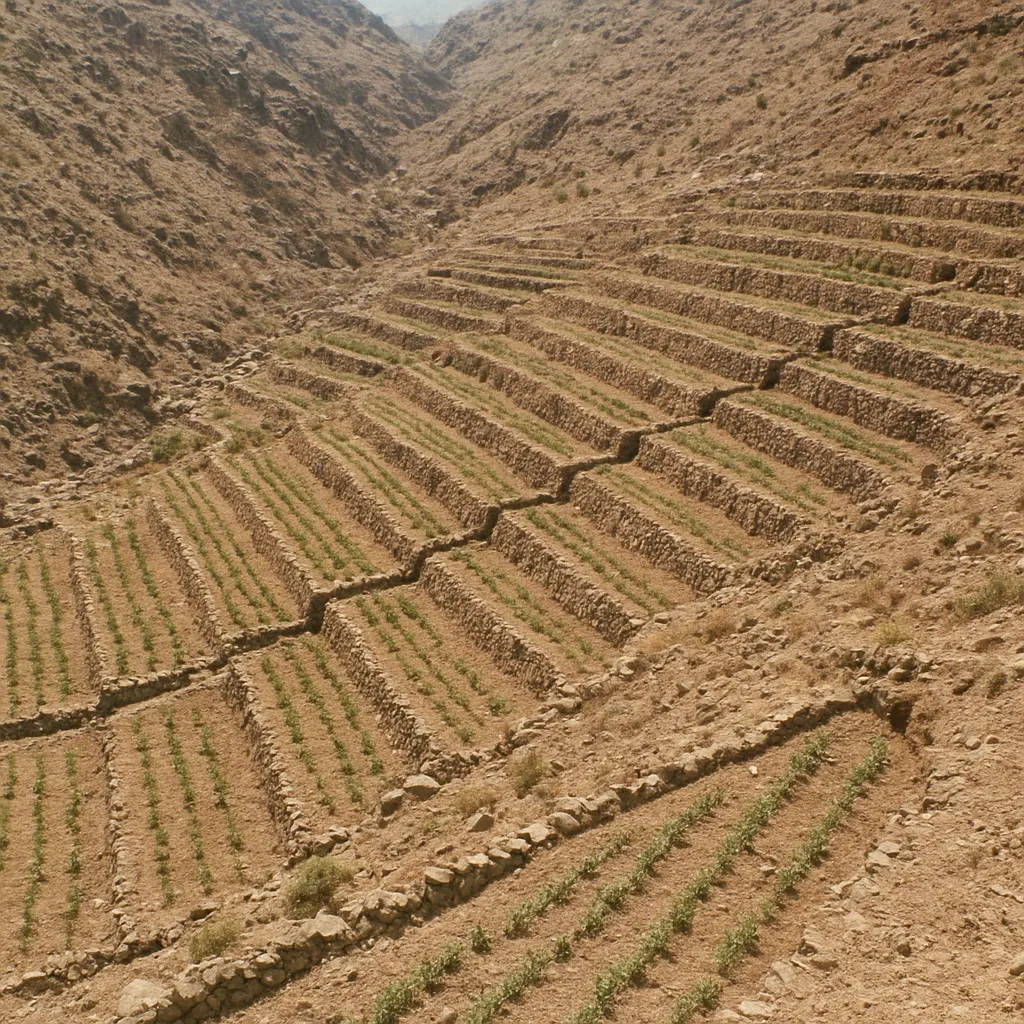 A terraced hillside with low stone walls and planted rows in arid mountain terrain, showing water channels and stone steps between terraces.