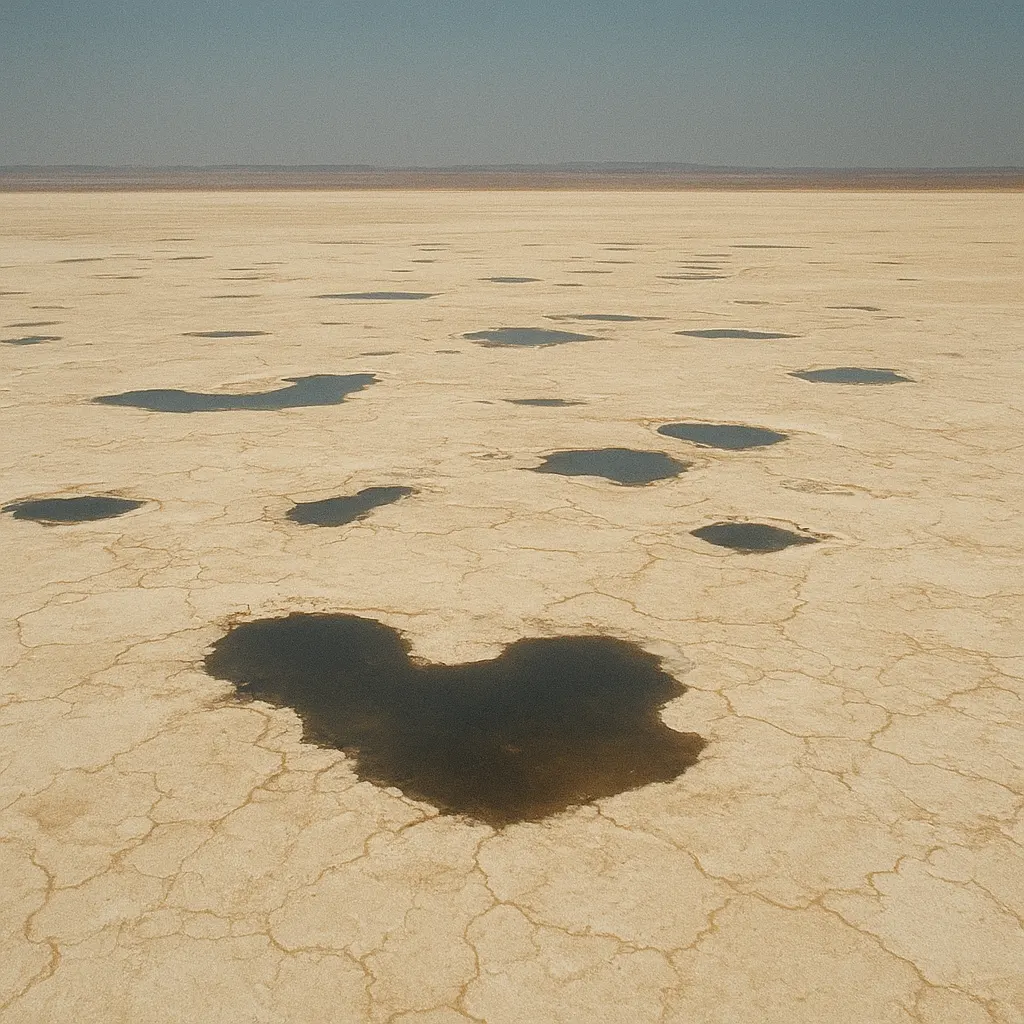 The exposed seabed of the southern Aral basin, salt-bleached and fractured, early 2000s. The water body had vanished completely within five years.