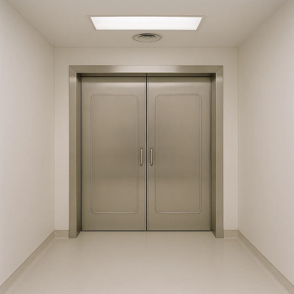Airlock entry to a sterile theatre, showing graduated access design and continuous surfaces, mid-1970s.