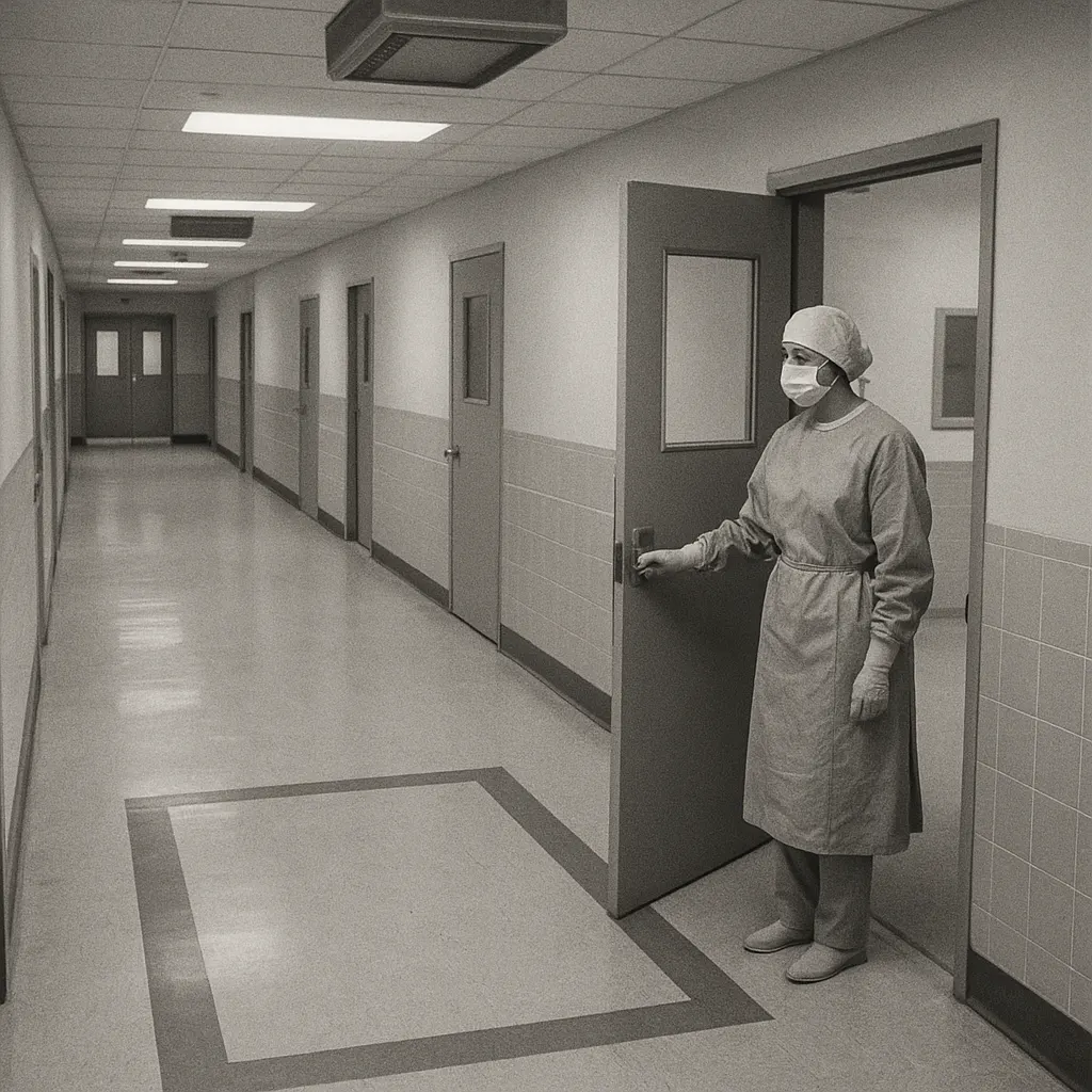 Clean ward corridor with sealed entry barrier and HEPA filtration, a teaching hospital, mid-1970s.