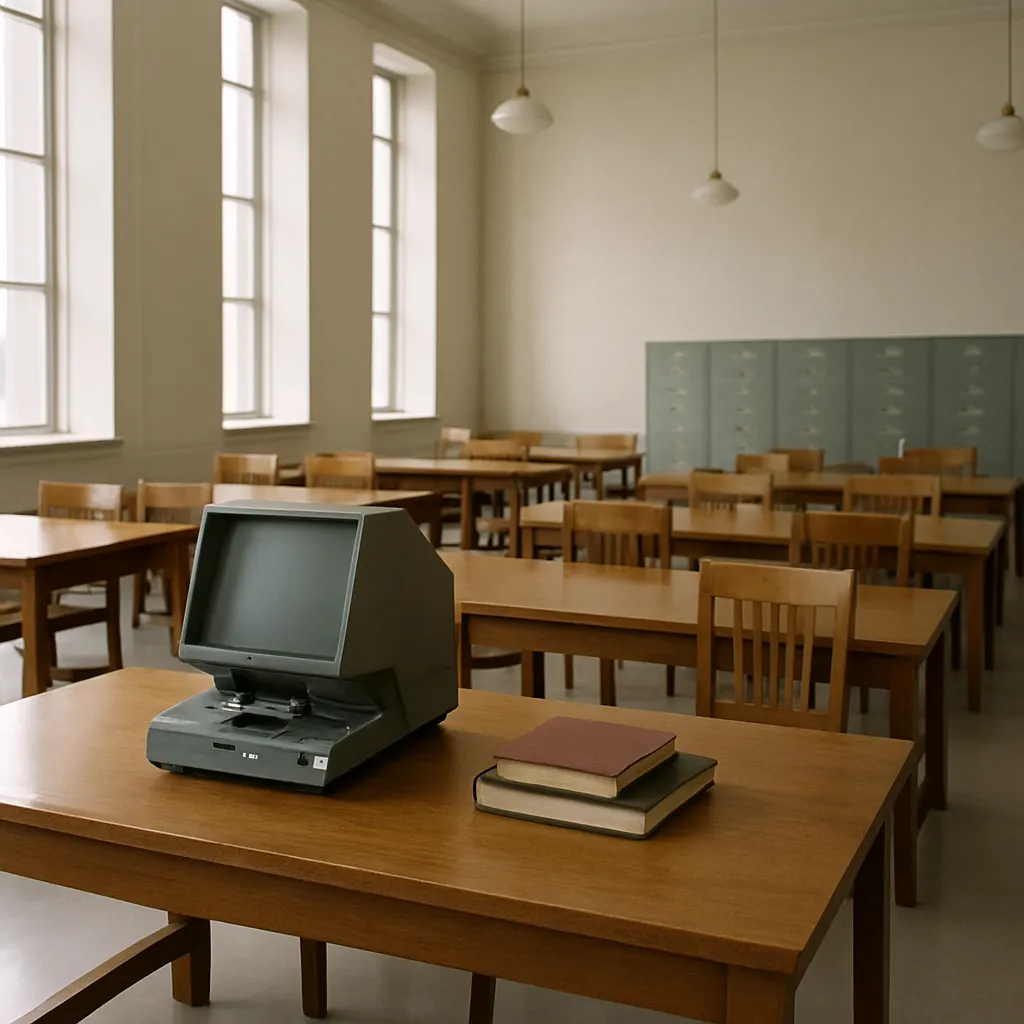 Reading room of a European state archive, with finding aids and microfilm viewer equipment visible on a wooden desk.