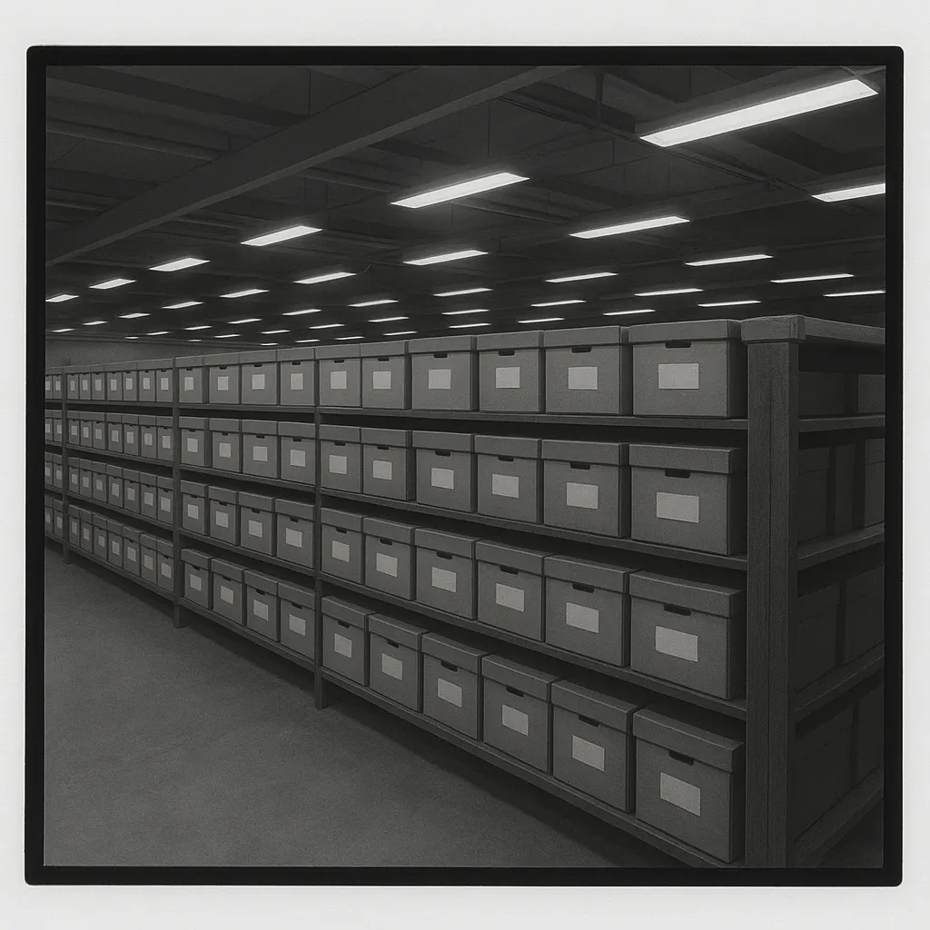 Archival storage in the Russian Presidential Library, 1990s. Photograph of boxes from administrative files.