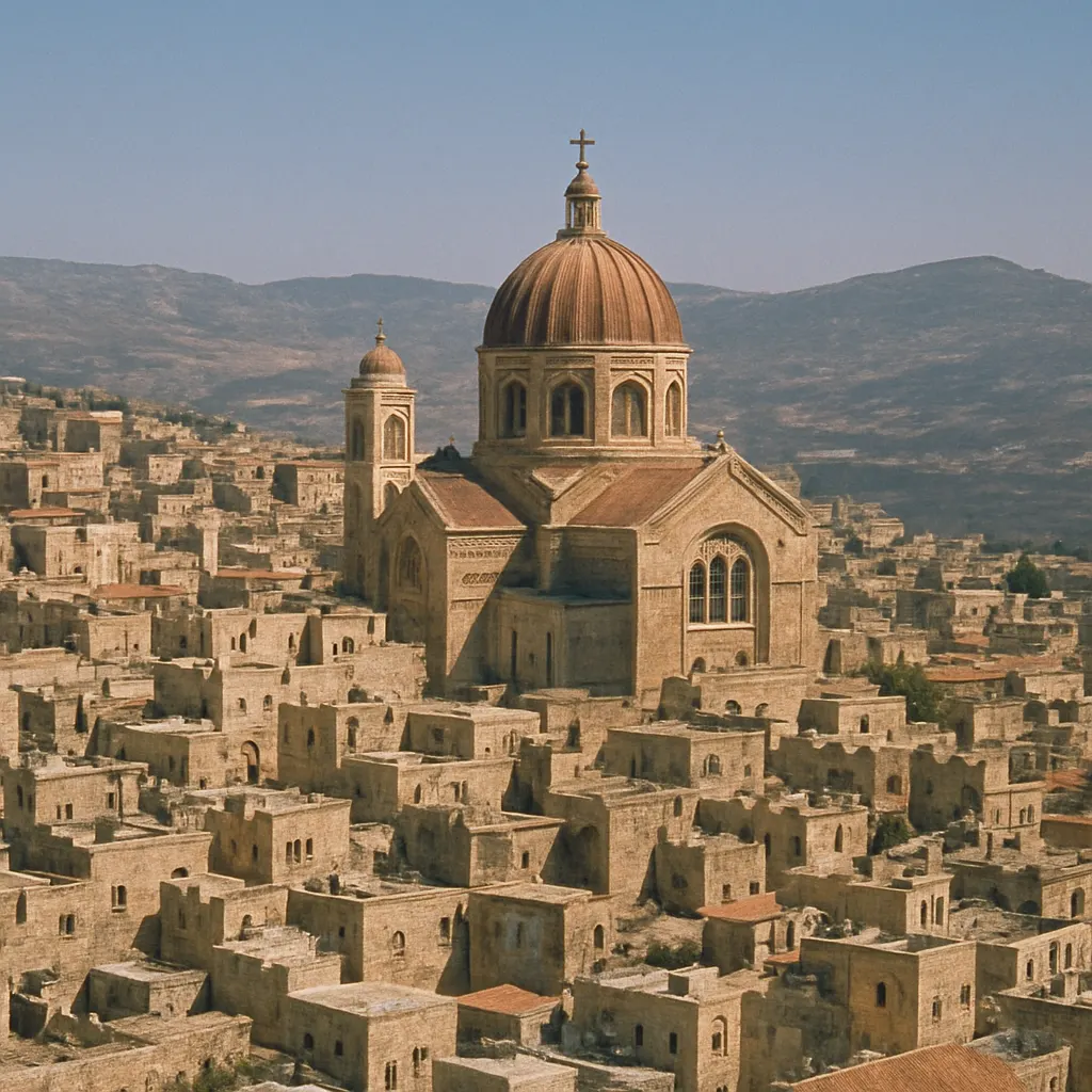 A city in the South Caucasus, stone construction and a church, 1990s.