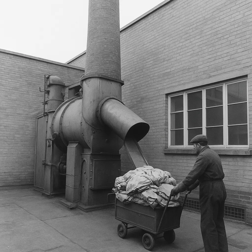 Hospital incinerator facility with waste feed system, showing containerized burn operation from mid-twentieth-century medical centre.