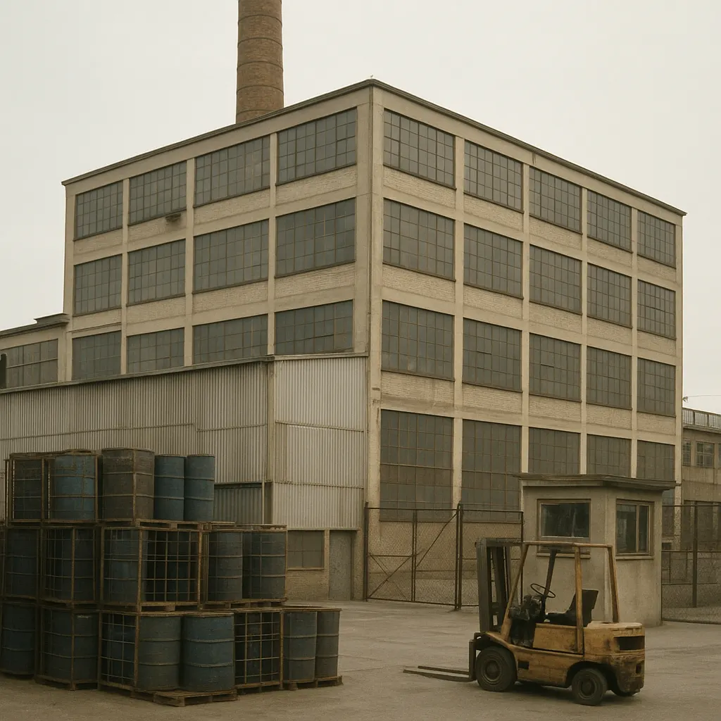 A pharmaceutical manufacturing facility, brick and steel construction with stacked chemical containers in the production yard, mid-1970s.