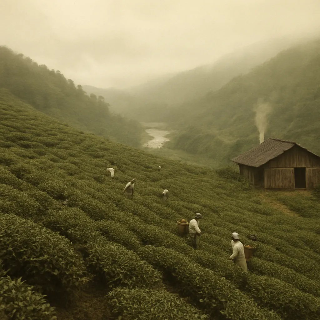 A tea plantation in a northeastern Indian highland region, nineteenth century, showing labor-intensive harvesting methods and processing facilities.