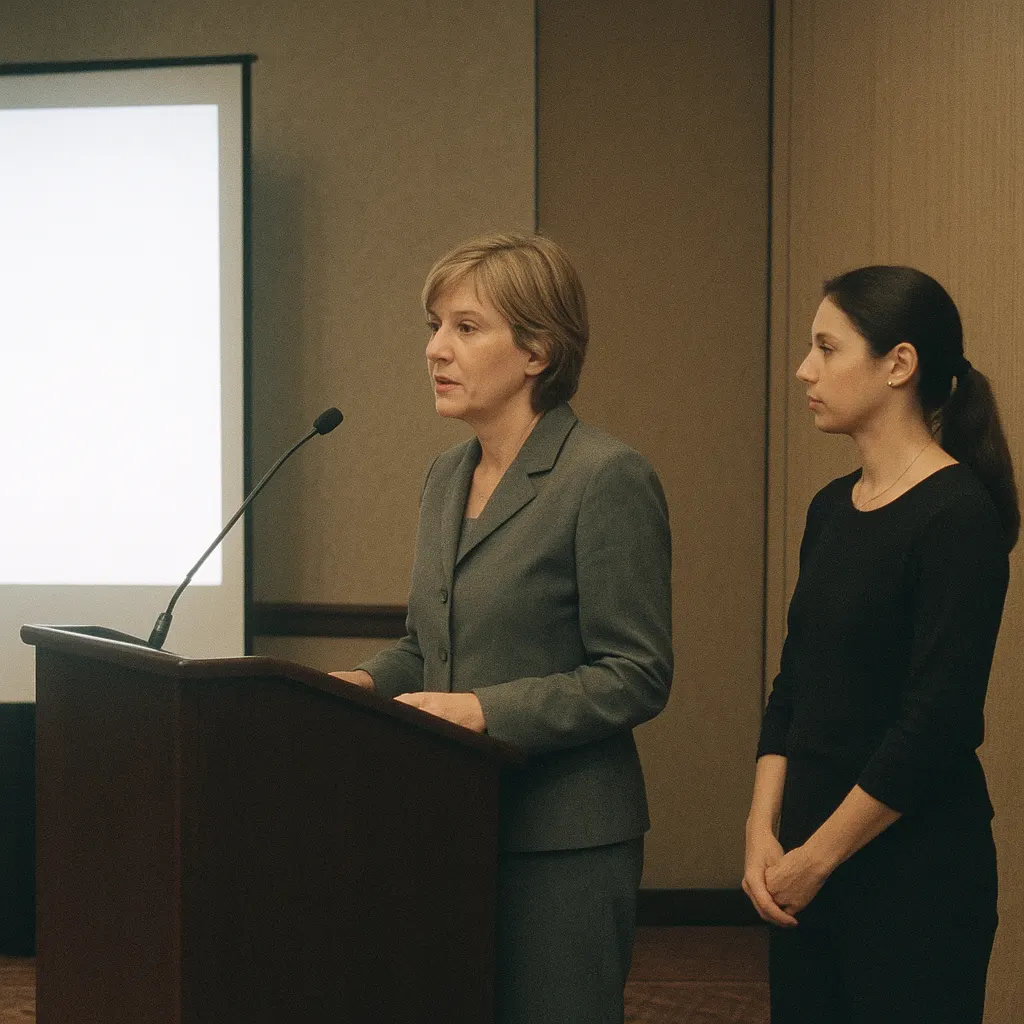 A petroleum engineer speaking at an energy conference in Central Asia, 2006. Medium: colour transparency slide.