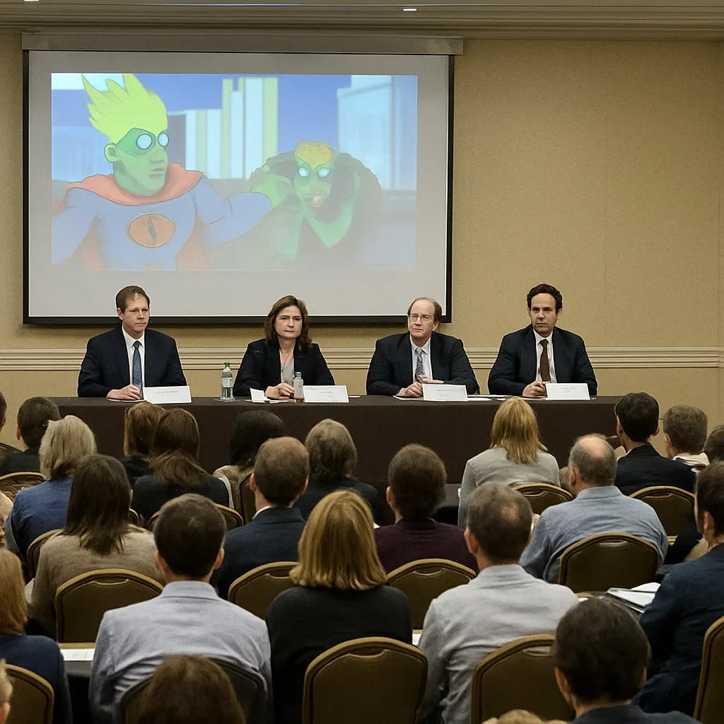 A panel of scholars discussing animated television at an academic conference, with audience members seated at tables, 2019.