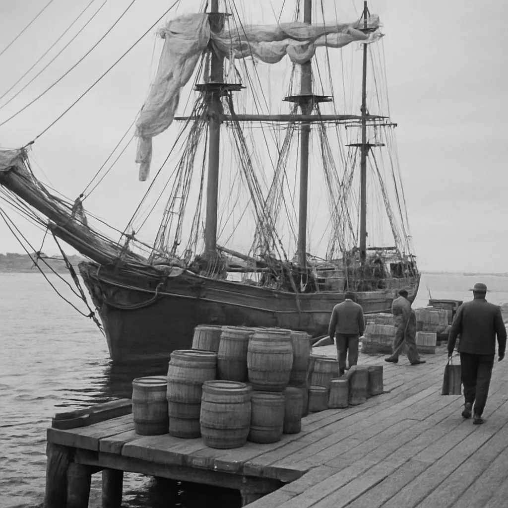 A merchant vessel docked at a colonial Atlantic port, loaded with tea and spice cargo, mid-twentieth century photograph of a working harbor.