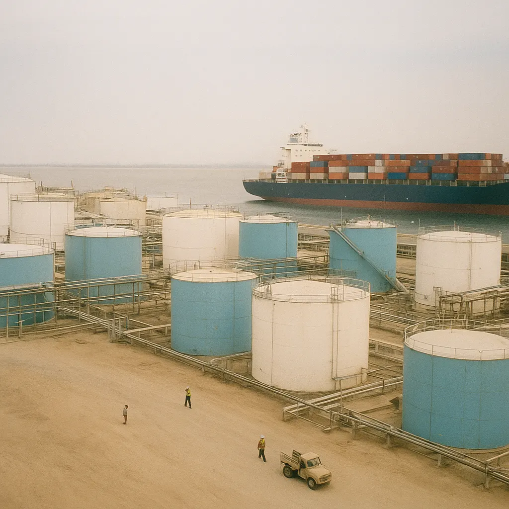 Oil storage and loading terminal on the Caspian coast, Atyrau region. Metal. c. 2003.
