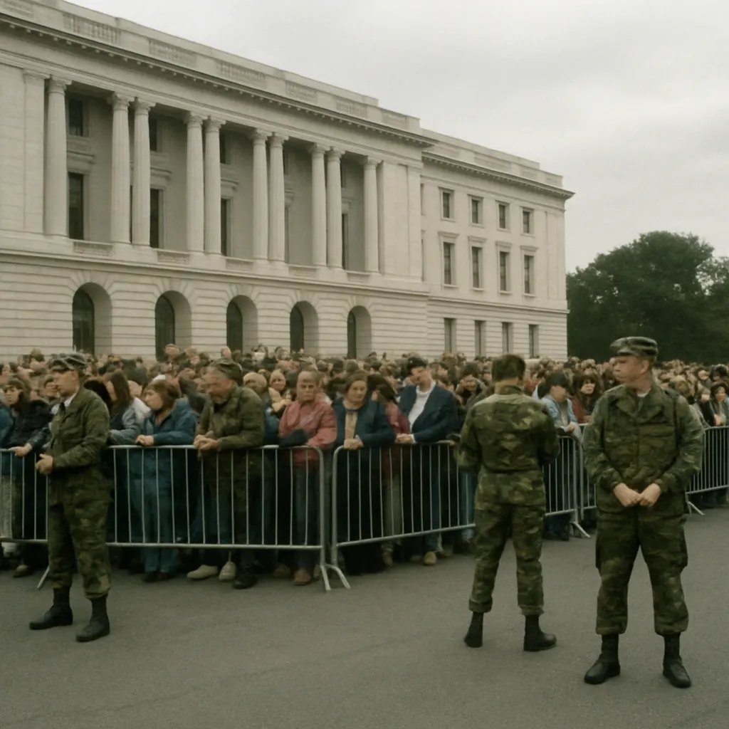 Citizens defending a parliament building during the August 1991 coup attempt, Moscow.