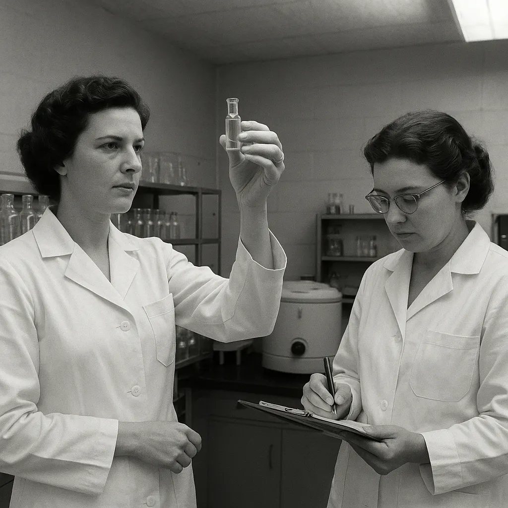 Two researchers in a serum laboratory, examining glass vials at a workbench, with centrifuge and storage racks visible behind them. Mid-twentieth century.
