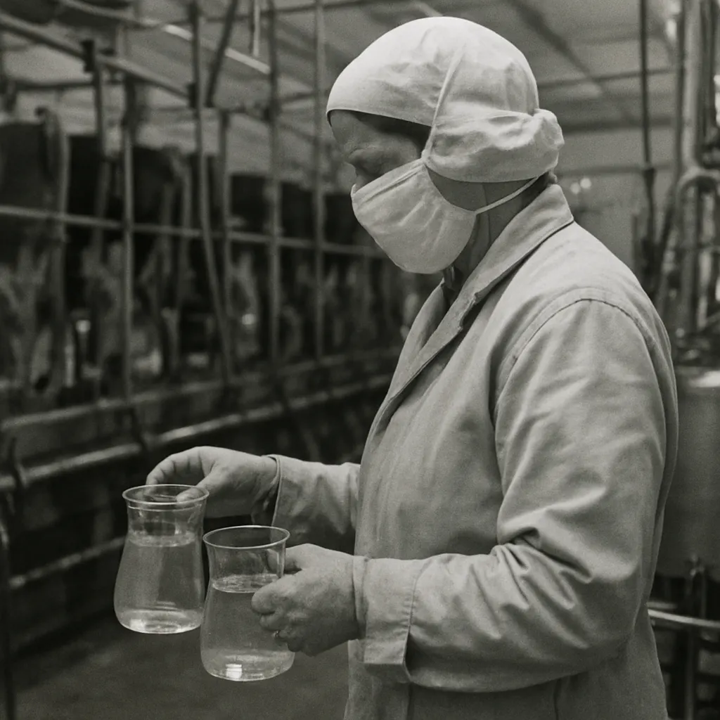 Serum harvest operation at an industrial facility, showing protective measures typical of post-1970 occupational safety protocols.